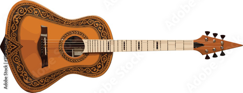 Ornate acoustic guitar illustration with decorative traditional patterns, detailed wooden string instrument design, classical music concept, isolated vector artwork on white background