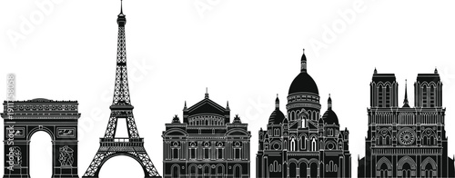 Paris landmarks skyline silhouette illustration, Eiffel Tower Arc de Triomphe and famous monuments, French architecture cityscape vector isolated on white background