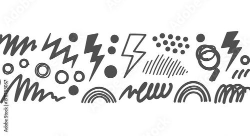 A collection of black memphis design elements including geometric shapes and abstract lines on a white background