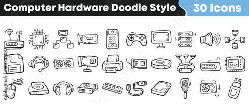 Collection of thirty hand drawn doodle style computer hardware icons representing various electronic components and peripherals for technology design projects.