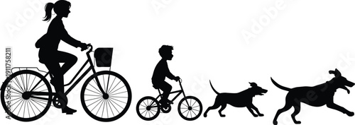 Woman riding bicycle with child on bike and running dogs silhouette, outdoor family activity concept isolated on white background illustration