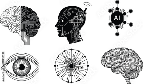 Artificial Intelligence Icon Set Featuring Digital Human Brain Circuitry Robotic Head Eye Scanner and Neural Network Elements for Future Technology Science and Data Innovation Projects