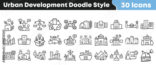 Thirty unique urban development icons presented in a simple doodle style representing sustainability planning and infrastructure concepts