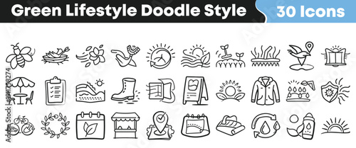 Thirty hand drawn doodle style icons representing various aspects of a sustainable green lifestyle and environmental care