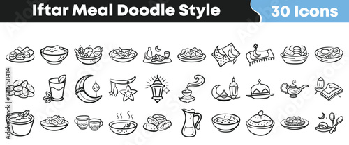 Collection of thirty hand drawn doodle style icons representing various traditional foods and cultural elements associated with the Iftar meal celebration