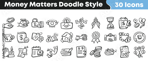 Collection of thirty hand drawn doodle style icons representing various concepts related to finance money matters saving and investment