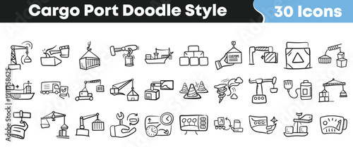 Collection of thirty hand drawn doodle style icons representing various cargo and port logistics operations shipping and transportation