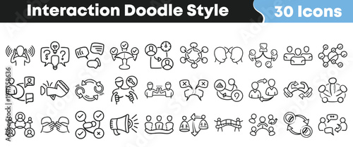 Thirty black and white hand drawn doodle style icons representing various concepts of human interaction communication and teamwork activities