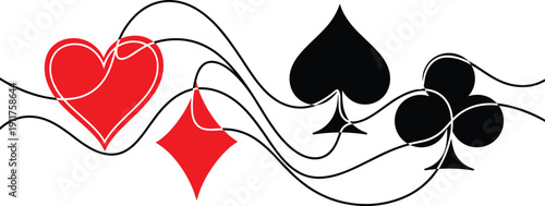 Playing card suit symbols illustration, abstract flowing heart diamond spade club shapes design, casino poker concept, modern vector artwork isolated on white background