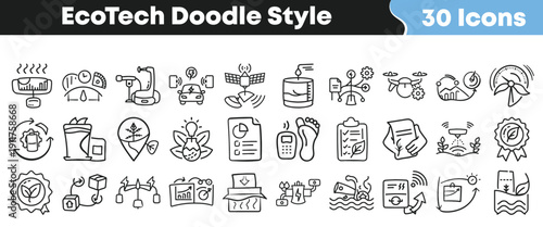 Collection of thirty hand drawn doodle style icons representing various aspects of eco technology sustainable development and environmental monitoring concepts