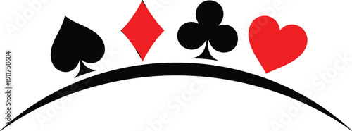 Playing card suit symbols illustration, spade diamond club heart icons arranged in arc shape, casino poker design, minimal vector graphic on white background