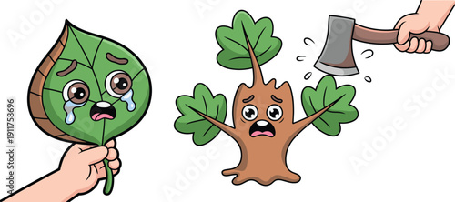 Cartoon illustration of sad tree and leaf facing deforestation threat with axe, emotional environmental art highlighting forest destruction and ecological awareness