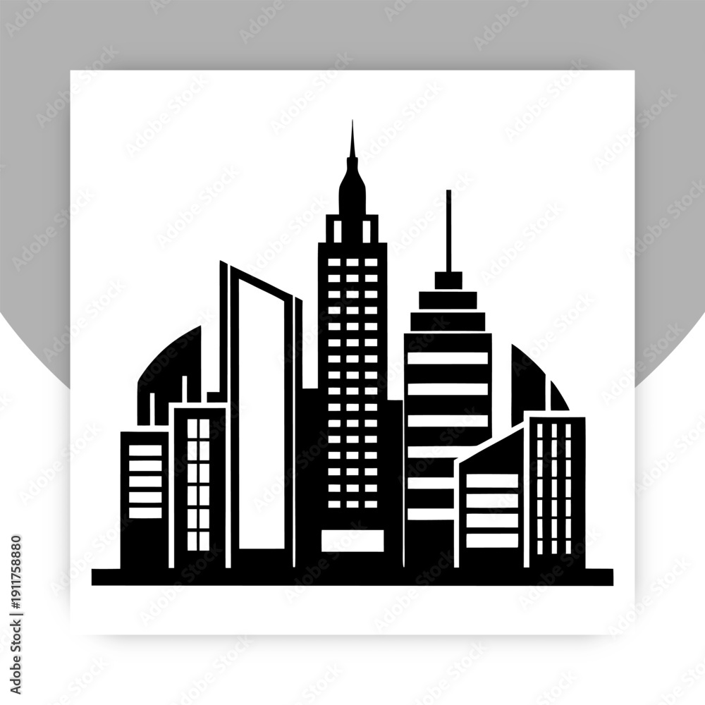 Obraz premium Downtown Cityscape Silhouette with Skyscrapers – Minimal Vector Illustration,
