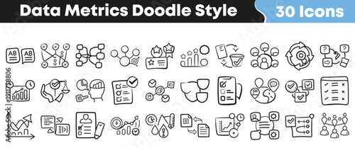 Collection of thirty unique data metrics icons presented in a hand drawn doodle style perfect for presentations and web design