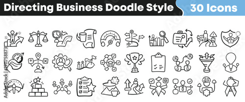 Collection of thirty hand drawn doodle style icons representing various concepts essential for directing business strategy and achieving growth objectives