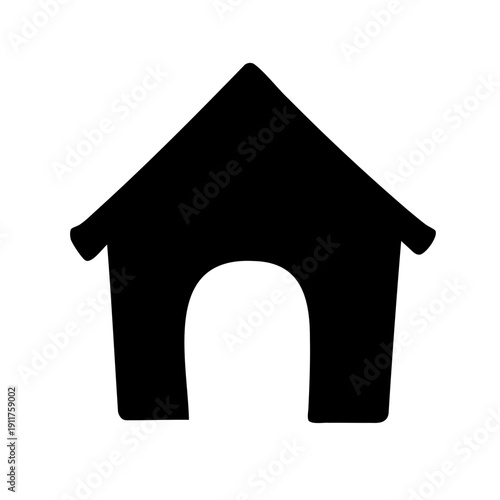 Simple black and white drawing of a cartoon dog house silhouette