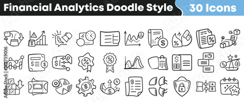 Collection of thirty hand drawn financial analytics icons presented in a doodle style perfect for business reporting and data visualization projects.