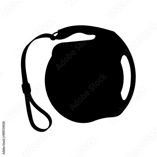 Isolated black silhouette of a retractable dog leash against a white background