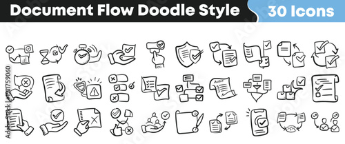 Collection of thirty hand drawn doodle style icons representing various concepts related to document flow approval processes and quality assurance tasks