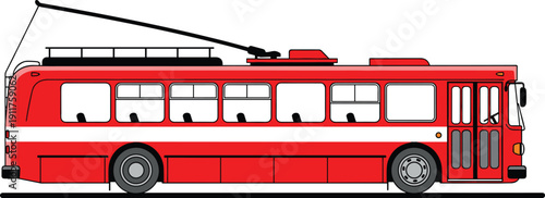 Red electric trolleybus illustration, classic public transport vehicle with overhead power line, urban city transit concept for travel, infrastructure, mobility, vector design