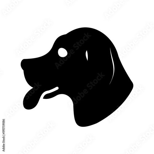 Silhouette of a happy dog showing its tongue on white background