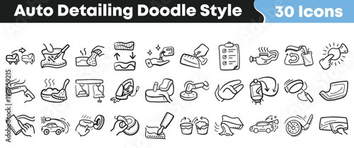 Collection of thirty hand drawn doodle style icons representing various essential tasks in auto detailing and car care services