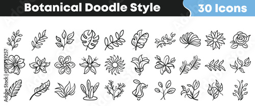 Collection of thirty botanical doodle style icons featuring various hand drawn flowers leaves and natural elements for design use