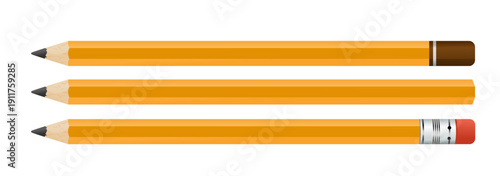 Yellow pencils, vector illustration set of graphite office supplies with and without eraser.