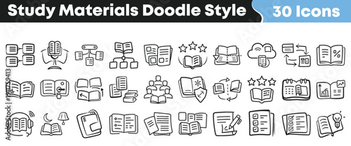 Collection of thirty unique study materials doodle style icons representing various educational concepts and learning activities