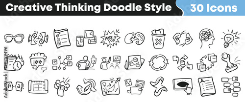 A collection of thirty unique hand drawn doodle style icons representing various concepts related to creative thinking and idea generation processes