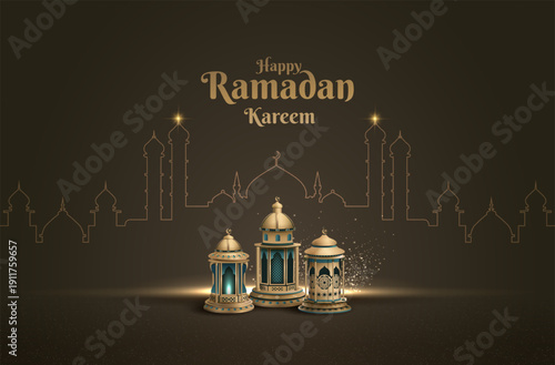 islamic greetings ramadan kareem card design with beautiful three golden lanterns