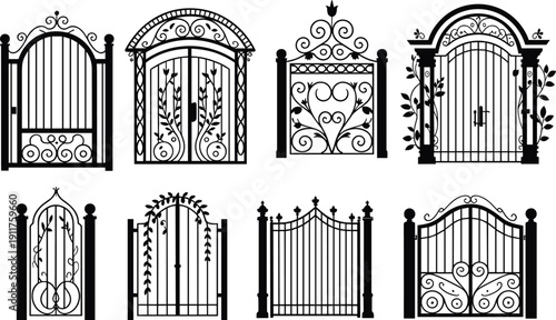 Collection of ornate wrought iron gates featuring scrollwork, floral motifs, and decorative designs for garden entrances, estate fencing, and architectural inspiration