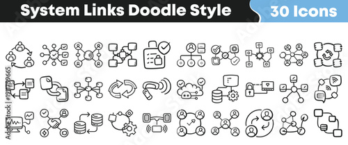 Thirty hand drawn doodle style icons representing various concepts of system links data flow and network connectivity visually outlined