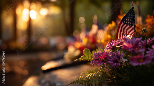 Memorial Day ceremony with flags and flowers in park at sunset, patriotic observance event, evening tribute gathering, commemorative display, defocused nature background, with copy space