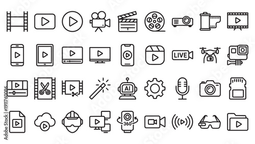 Video Production and Multimedia Line Icon Set