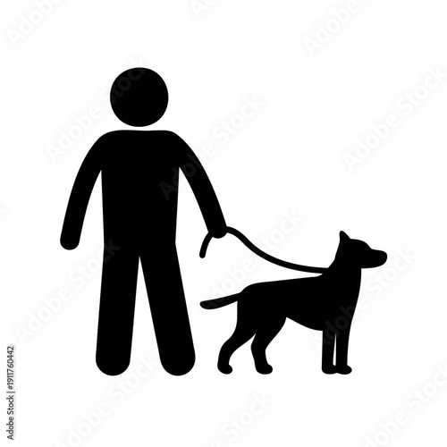 Graphic icon displaying a person walking a dog on a leash together