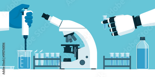Researcher and humanoid AI robot working together in a medical laboratory: medical research and technology concept