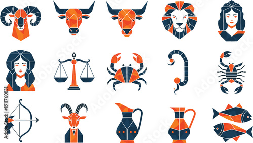 Complete set of twelve zodiac signs in modern geometric low-poly style featuring stylized constellations and astrological symbols for horoscope and astrology design projects.