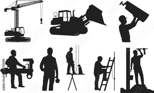 Construction workers and heavy machinery silhouettes set, industrial labor equipment crane bulldozer activities illustration isolated on white background vector