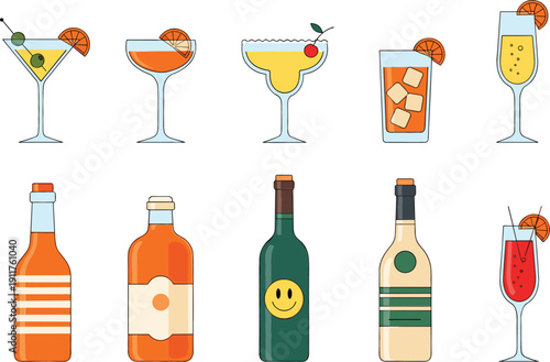 Collection of alcoholic cocktail drinks in various glassware including martini, margarita, and champagne flute with assorted liquor bottles for bar menu design.