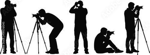 Professional photographer silhouettes collection featuring male figures with cameras on tripods and handheld in various standing and sitting poses for media projects.