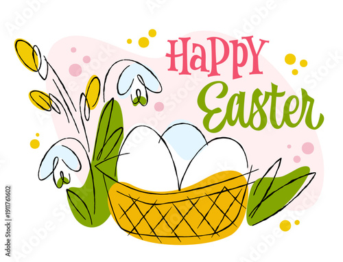 Happy Easter. The design has cute pink and green lettering, blending retro and modern styles. It’s decorated with spring flowers and leaves around a woven basket of white eggs.