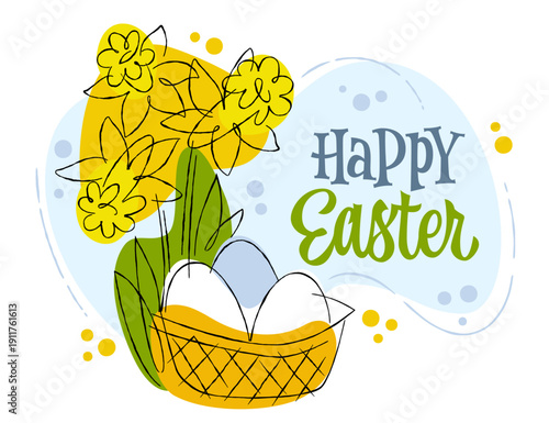 Happy Easter. Charming script lettering in modern style greets the viewer. Bright yellow spring flowers and decorative green foliage, surrounding a woven basket containing pastel-colored eggs