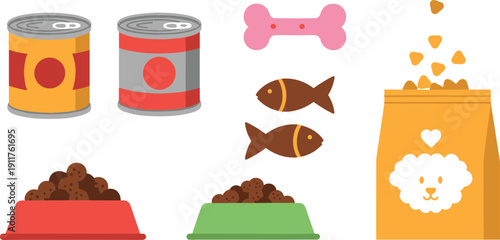 Pet food collection featuring flat vector icons of canned wet food, dry kibble bag with cute dog, bowls, bone treats, and fish snacks.
