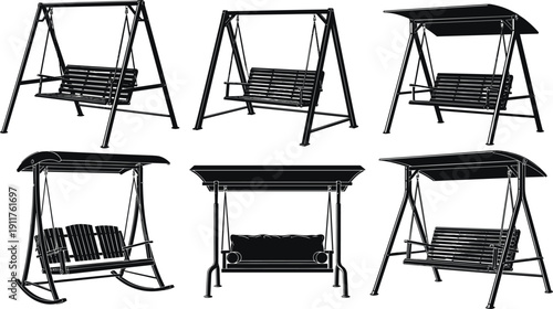 Outdoor Garden Porch Swing Set Featuring Metal and Wood Hanging Benches with Canopies for Backyard Relaxation and Patio Furniture Design, cad drawing flat vector illustration