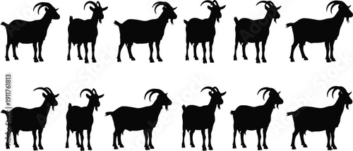 Set of mountain goat silhouettes with curved horns, standing farm animal icons, wild ibex and livestock silhouettes isolated on white background, vector.
