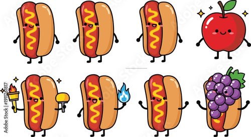 Cute cartoon hotdog character set with apple and grape friends, kawaii food vector illustration for kids branding, stickers, menus, and playful snack design
