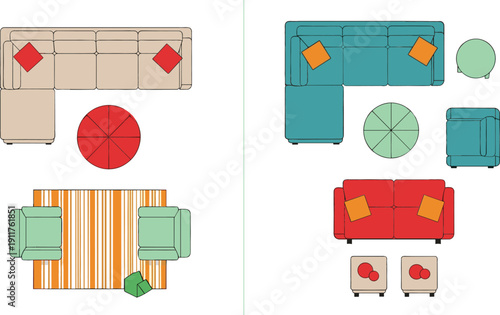 Top view interior design furniture set featuring floor plan icons of sectional sofas, armchairs, coffee tables, rugs, and decorative pillows in flat vector style.