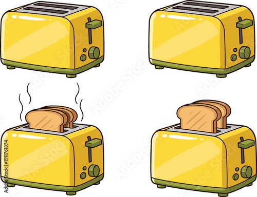 Modern yellow kitchen toaster vector set featuring four views including empty toaster, toaster with bread slices popping up, and steaming hot toast slices.