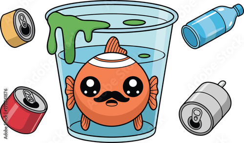 Cute cartoon fish trapped in polluted water bucket surrounded by plastic bottles and cans, environmental pollution awareness illustration highlighting ocean waste problem